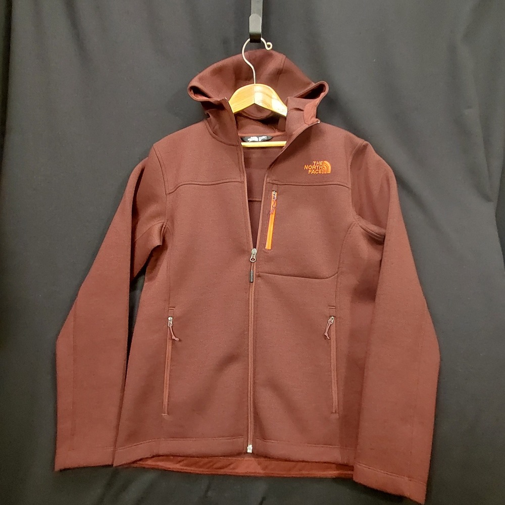 The North Face Mens Small Full Zip Hoodie Burgundy Orange Logo 94% Polyester